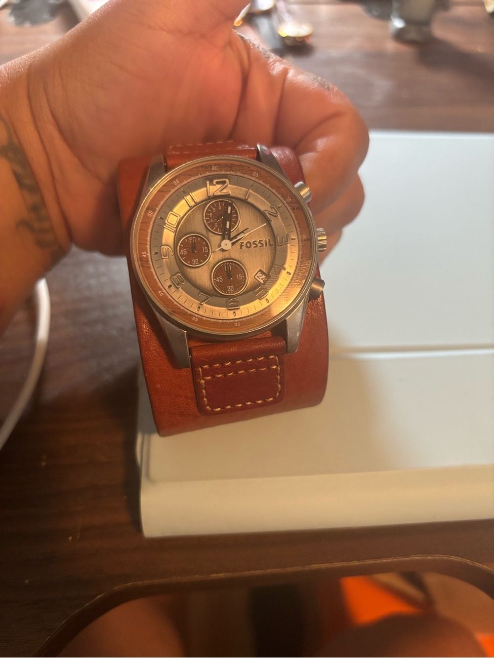 Fossil Men's Tan Brown Leather Cuff Chronograph Watch